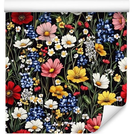 Papier peint Fleurs sauvages marron et olive pour salon et chambre 50x1000 cm (1/5)