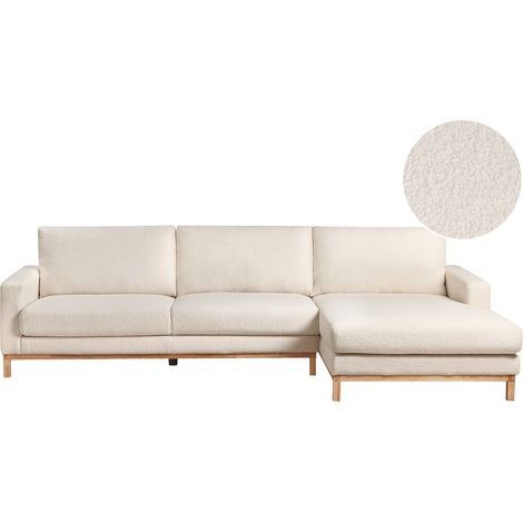 Sofá esquinero elegante patas de madera tapizado de bouclé blanco izquierdo Siggard (1/5)