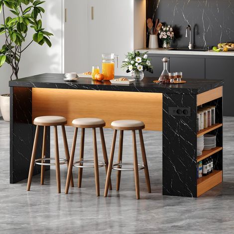 Isla de cocina 155 x 80 x 90 cm con LED, enchufe, USB y encimera de 40 mm HAVRYA (1/5)