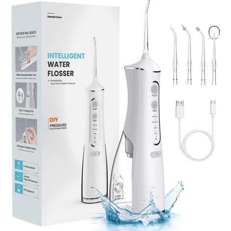 Nouveau flosser dentaire électrique - Portable rechargeable, nettoyeur de voyage 300ml, étanche IPX7, 4 modes de vitesse, flosser nettoyant, blanc perle