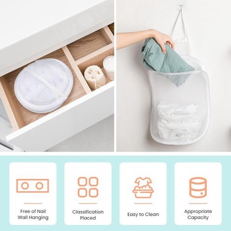 3 piezas,Cesto de ropa plegable de pared,Cesto de ropa colgante,Cesto de ropa de malla,Blanco,Para ropa y juguetes,Adecuado para baños (1/4)