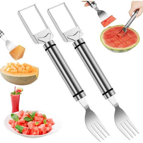 Cortador de frutas 2 en 1 de acero inoxidable, cuchara para melón, herramienta de corte de sandía de doble cabezal para sandía, melón, papaya, pitahaya, herramienta de corte de cocina rápida y fácil (1/5)