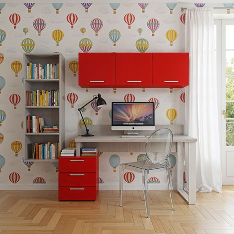 Angolo libreria design con cubotti e cassettiera - Soluzione moderna e salvaspazio - Rovere Rock e Rosso