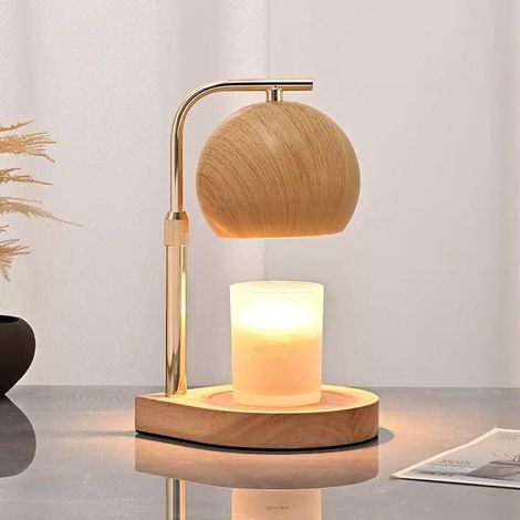 Lampe chauffe-bougie avec minuterie à intensité variable, abat-jour en bois à hauteur réglable, brûleur pour bougies parfumées en pot, 2 ampoules, décoration pour la maison ou le bureau, cadeau (natur
