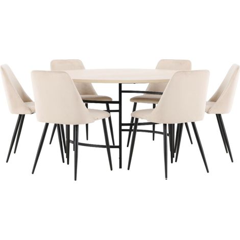 Copenhagen Essgruppe Tisch Ø140cm und 6 Stühle whitewash, beige.