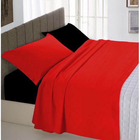 Completo letto totalmente realizzato in cotone a tinta unita bicolore Rosso/Nero - 1 Piazza e Mezza