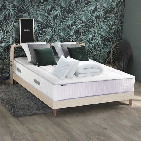Pack matelas ressorts 7 zones PALACIO + sommier en kit beige + couette et oreillers 140 x 190 (1/5)