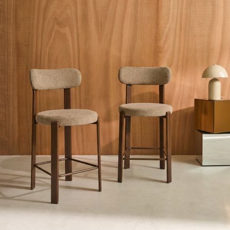Lot de 2 tabourets de bar vintage acier effet bois foncé et tissu texturé - Gloria Bois foncé / Taupe (1/4)
