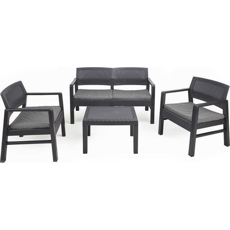 TrAdE Shop Traesio - Set Salotto Giardino Esterno Con Divano 2 Poltrone Tavolino Effetto Rattan Con Cuscini - Antracite (1/4)
