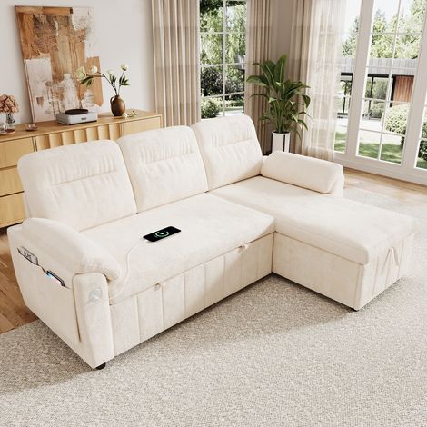 Canapé d'angle convertible 3-4 places 208x131cm - fonction lit rangement usb - tissu chenille - beige (1/5)
