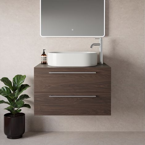 Napoli 460 Brown Oak 800mm Wall Mounted 2 Drawer Vanity Unit for Countertop Basins - 800mm - Chrome 480mm Handle