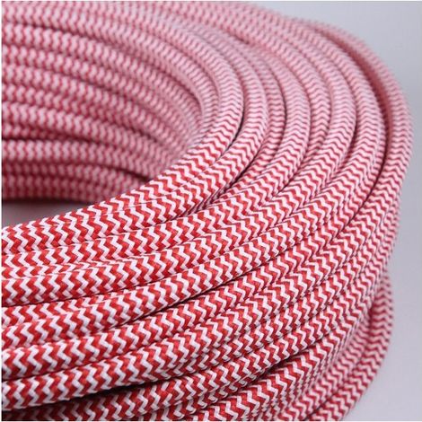 Rouleau de 100 mètres fil électrique tissé chevron Rouge/Blanc vintage look retro en tissu