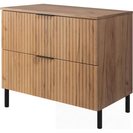 Meuble sous-vasque sur pieds 80 cm, 2 tiroirs, avec plan de travail, Chêne Craft doré / Plan Chêne Craft, poignées noires, 80 x 46 x 73,6 cm (1/5)