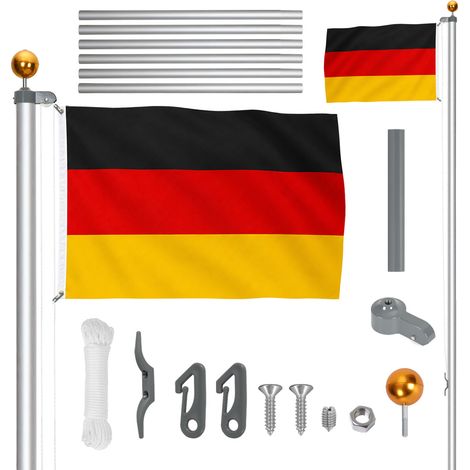 Jiubiaz Mât de drapeau en aluminium argenté 6,5 m avec poulie, drapeau allemand 147 x 88 cm, corde 11 m et douille de sol (1/5)
