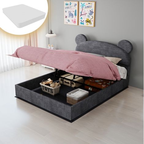 DESVIAE Lit enfant rembourré avec oreilles rondes coffre de rangement relevable velours gris 140 x 200 cm avec matelas double 140 x 200 x 23 cm métal et tissu (1/5)