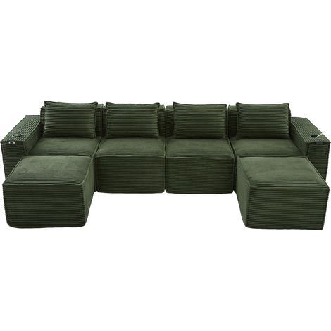 Canapé modulaire 4 places en velours côtelé vert avec 2 poufs, porte-gobelets et poches (1/5)