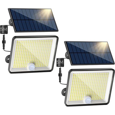 Lot de 2 Lampe Solaire Extérieur Détecteur de Mouvement, 348LED/ 3 Modes/Lumiere Solaire Jardin, Étanche IP65 eclairage Solaire avec Câble de 5M pour Garage Cour Allée [Classe énergétique E] (1/5)