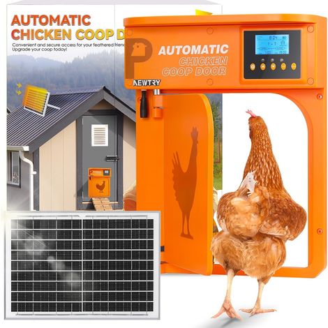 Ouvre-Porte Automatique pour poulailler, Porte pivotante avec minuterie et capteur de lumière, Anti-pincement, 10W alimenté par énergie solaire télécommande 40m Orange - (1/5)