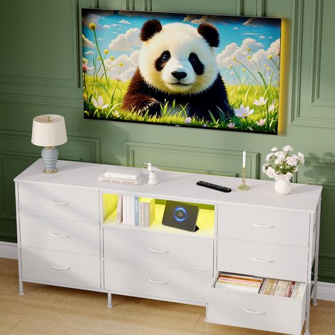 Meuble TV LED avec 8 Tiroirs, Banc TV 160 cm, Éclairage LED Intégré, Cadre Acier & Panneaux de Particules, Rangement Spacieux, Blanc (1/5)