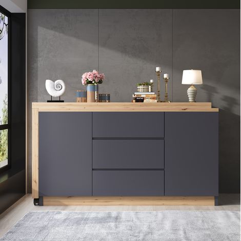 Escritorio giratorio plegable (120x50x76.5 cm), con 2 puertas, 3 cajones, 2 ruedas con freno, aglomerado gris y roble (1/5)