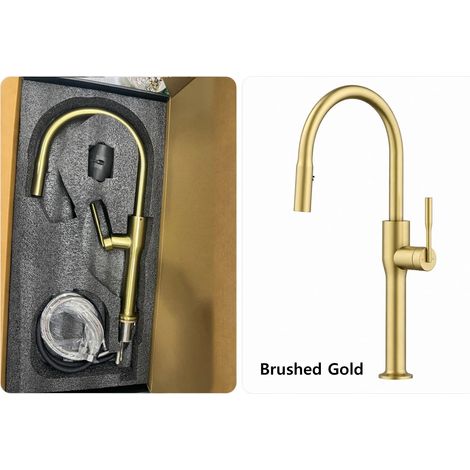 Robinet de cuisine mitigeur à douchette extractible (PVD or brossé), robinet d'évier avec douchette extractible, robinet d'évier à montage sur plage, robinet à poignée unique. (1/5)