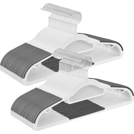 30 cintres en forme de huit, en plastique robuste antidérapant, peu encombrants, d'une épaisseur de 0,5 cm, rotatifs à 360°, d'une longueur de 42 cm, disponibles en blanc et gris foncé. (1/4)
