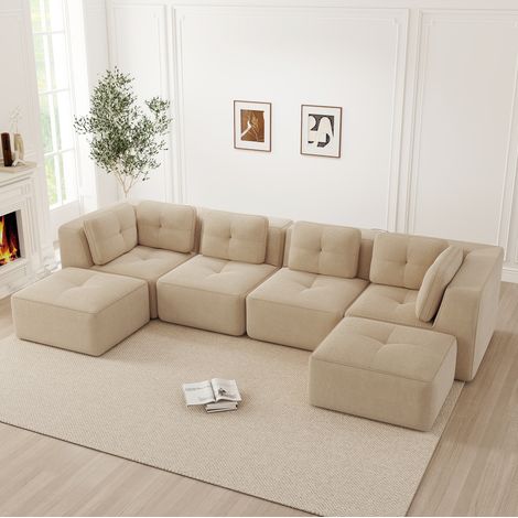 Canapé d’angle modulable beige en velours côtelé sans montage avec assise profonde (1/5)
