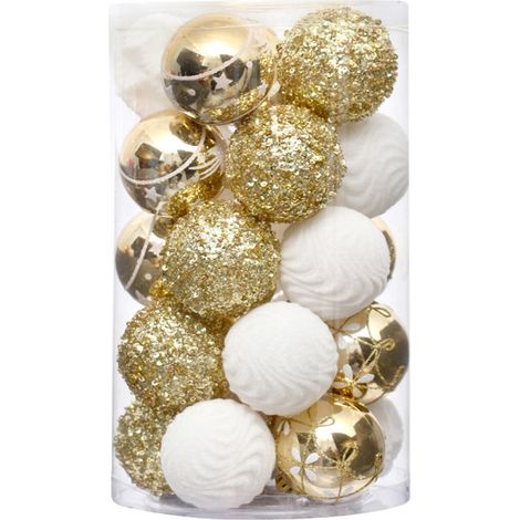 Glänzende Weihnachtskugeln, 6 cm, 25 Stück, Kunststoff, zum Aufhängen, weiß und gold, für die Feiertage (1/5)