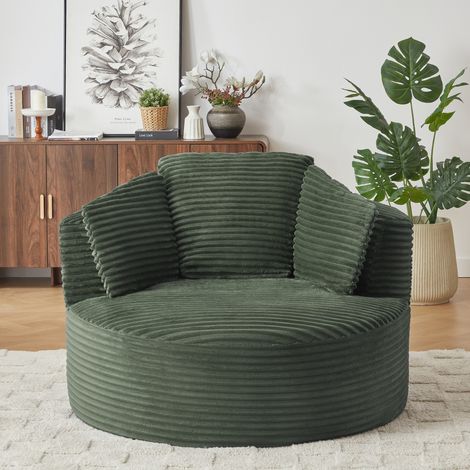 Sillón redondo de pana verde, asiento profundo con espuma de alta densidad y muelles ensacados, sin montaje (1/5)