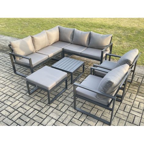 Fimous Outdoor Garden Furniture Set Aluminium Lounge Sofa Square Coffee Table Sets with 2 Pcs Chair Big Footstool Indoor Conservatory Set Dark Grey (1/5)