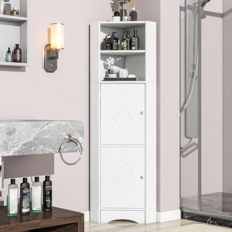 Mueble esquinero de baño 36,5x36,5x155 cm en paneles de madera blanco, con almacenaje FloraGrace (1/5)
