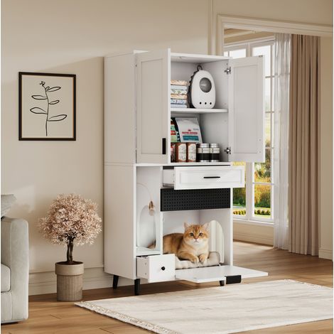 Multifunktions-Katzenschrank 80x40x161 cm Weiß aus Holzwerkstoff mit Ablagen, Schubladen und Katzenbett-Bereich (1/5)