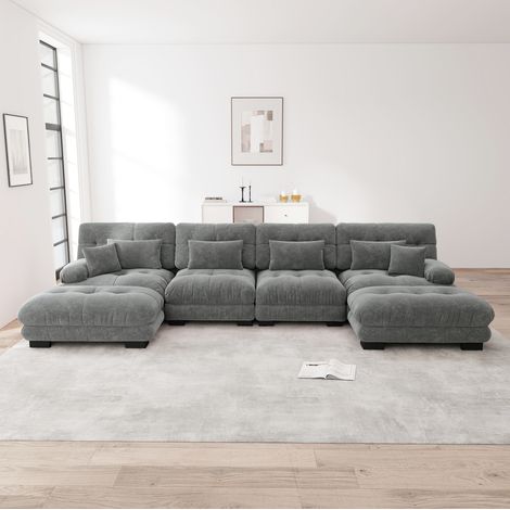 Divano angolare modulare a U 406 x 145 x 81 cm in ciniglia grigia con ottomano mobile DESVIAE (1/5)