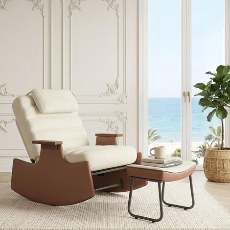 Rocking Chair Velours Côtelé avec Repose-pieds - Fauteuil d'allaitement, Dossier Inclinable 3 Positions et Poche Latérale - Scandinave, Beige
