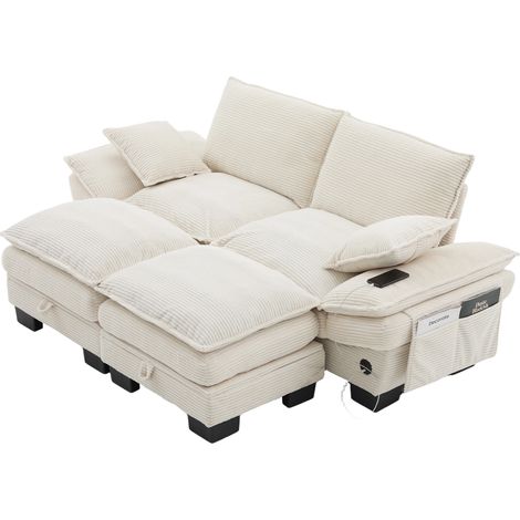 Canapé modulaire 2 places en velours côtelé avec 2 poufs – large assise, design ergonomique, rembourrage en mousse haute densité, port USB-C et poches latérales. Idéal pour le salon, le bureau ou un e (1/5)