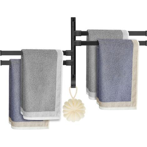 Bathroom Towel Rack, Wall-Mounted Towel Dryer with 4 180° Rotating Bars, Aluminum Swivel Towel Bar with Hook for Kitchen, Sink, Toilet, Hotel, Black (1/5)