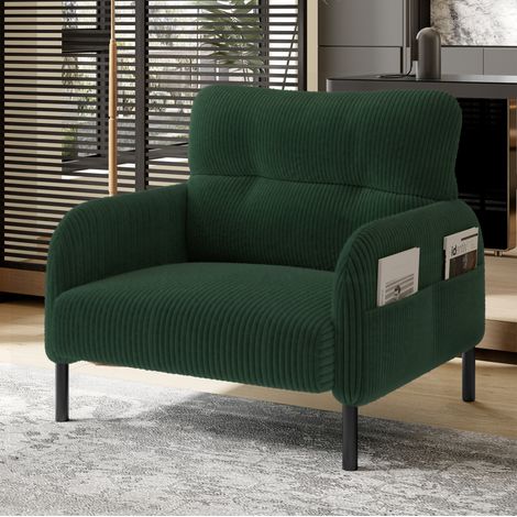 Fauteuil en corduroy vert émeraude 67 x 75 x 79 cm avec poche latérale et structure métal (1/5)