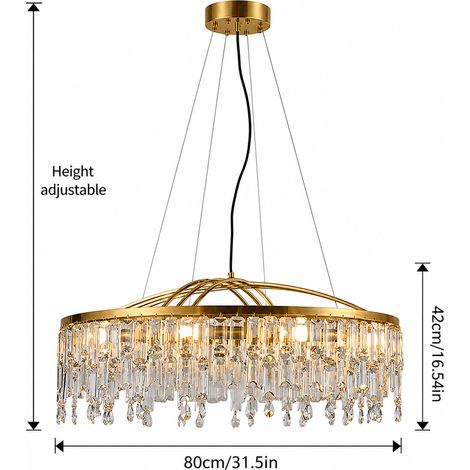Grand lustre suspension doré 80 cm en cristal, luminaire design luxe E14 x10 réglable pour salon salle à manger chambre