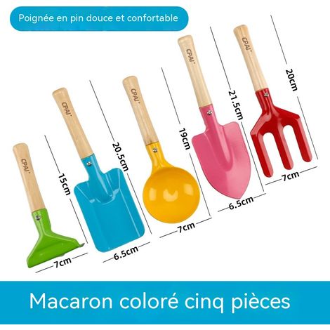 Ensemble d'outils de jardinage pour enfants 5 pièces, outils colorés avec manche en bois, pelles + râteau + houe, idéaux pour jardin, plage et succulentes