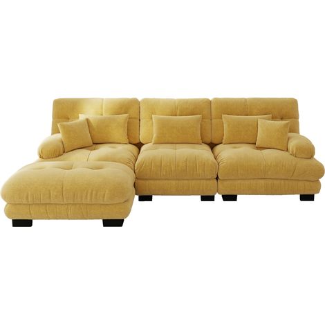 Canapé d’angle modulaire en tissu jaune avec ottoman, dossier profond et coussins moelleux pour salon, style cloud, assise ultra confortable, idéal séjour – CHICFURN (1/5)