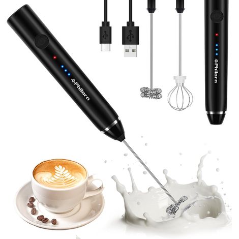 Mousseur à Lait Portatif à Double Fouet, Mousseur à Lait Rechargeable USB à 3 Vitesses, Mini Fouet Electrique Manuel Pour Café/Latte/Cappuccino/Fouetter Les œufs (Noir) (1/5)