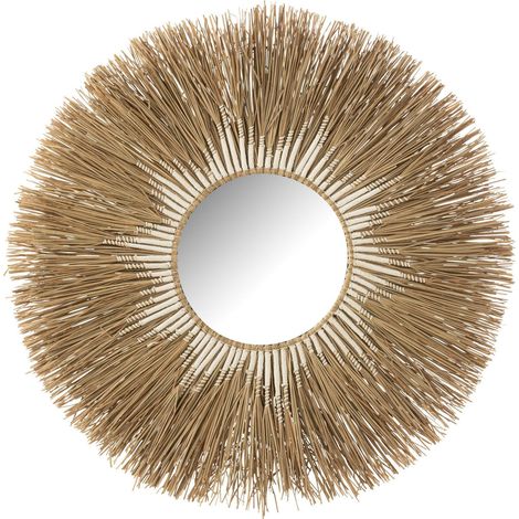 Miroir mural rond raphia naturel et blanc style bohème chic - Naturel et blanc raffiné (1/2)