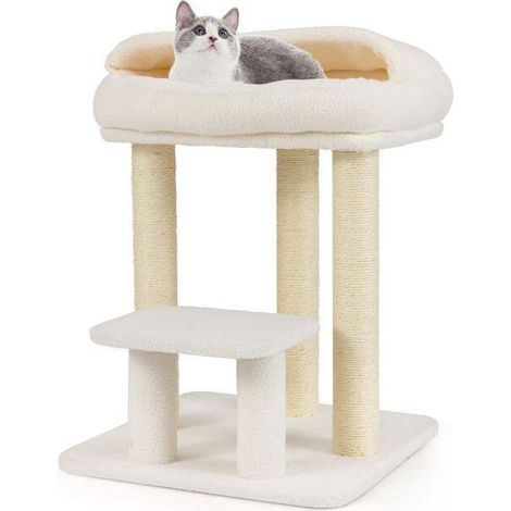 Arbre à chat blanc compact avec couchage moelleux, griffoirs en sisal et plateforme surélevée pour salon et appartement (1/5)