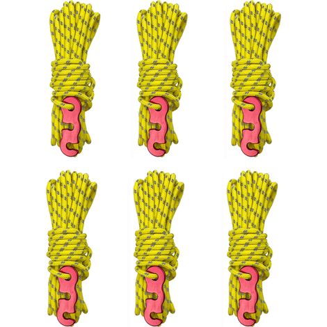 Corde de haubanage réfléchissante de 4 m en paracorde avec tendeur pour tente, bâche, camping (jaune, lot de 6)
