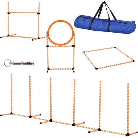Kit Agility Chien Entraînement Slalom Obstacles Réglable Sifflet Sac Transport 4 Pièces