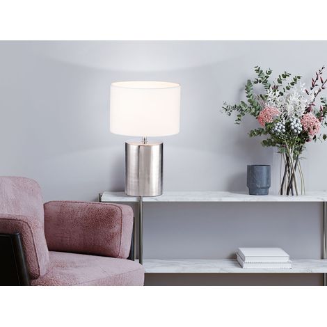 LED Tischlampe mit Keramikfuß Silber Antik & Stoffschirm Leinen Weiß, Höhe 43cm (1/5)