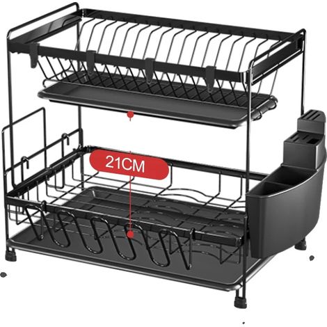 Escurridor de platos, diseño de 2 niveles, accesorios versátiles, negro, 2 niveles (1/2)