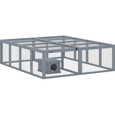 Kaninchenstall mit großem Auslauf, modulares Design, graues Holz
