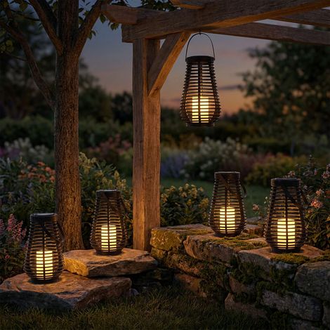 5x LED Luce esterna Lanterna Giardino Luce Solare Sensore Crepuscolare Nero H 26 cm (1/5)