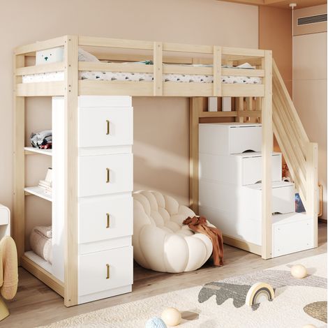 Hochbett 90x200 cm Naturholz aus Massivholz mit 4 Schubladen, Regal und Leiter (1/5)